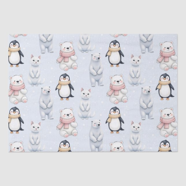 Modern Trendy Bear penguin cat Seamless Pattern  Tissue Paper (Front)