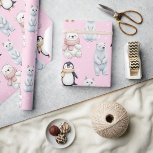 Modern Trendy Bear penguin cat Seamless Pattern Wrapping Paper