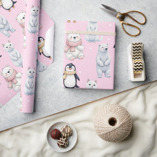 Modern Trendy Bear penguin cat Seamless Pattern  Wrapping Paper (Crafts)