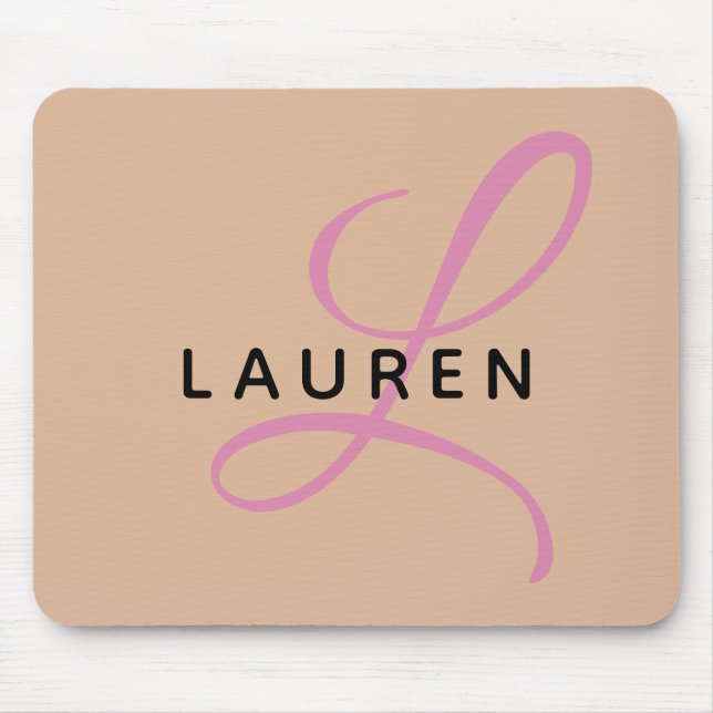Modern Trendy Beige Pink Script Monogram Mouse Mat (Front)