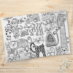 Modern Trendy Black and White Cats Pattern Tea Towel