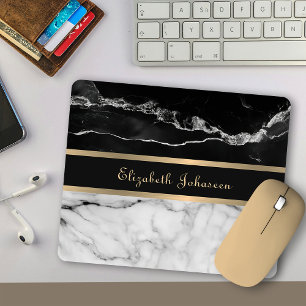 Modern Trendy Black and White Marble Gold Stripes Mouse Mat