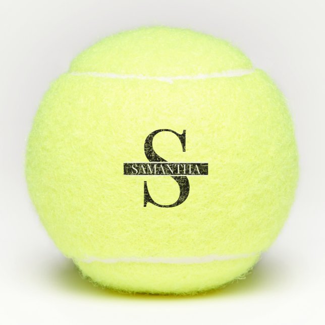Modern Trendy Black and White Monogram Name Tennis Balls (Front)