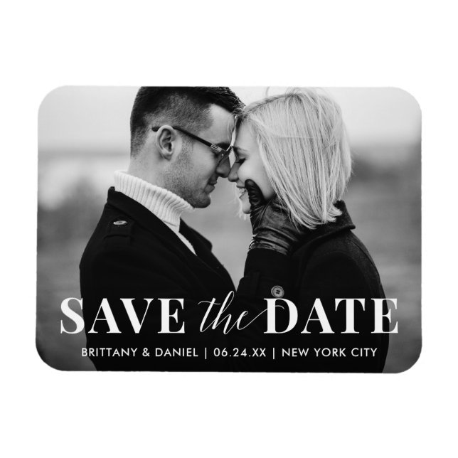 Modern Trendy Black and White Photo Save the Date Magnet (Horizontal)