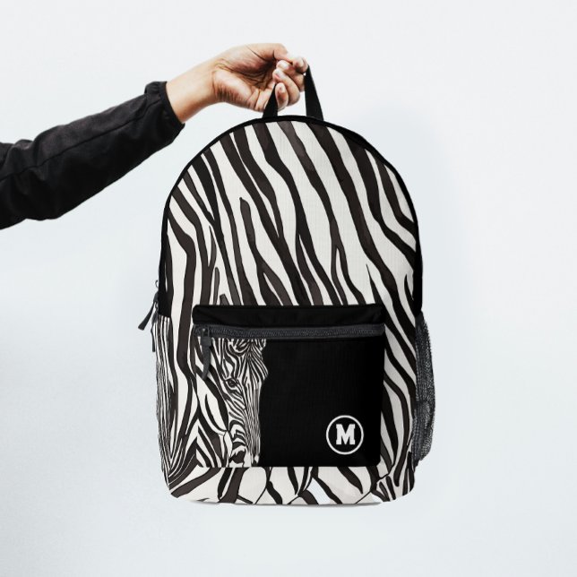 Modern Trendy Black And White Zebra Stripe Initial Printed Backpack (Creator Uploaded)