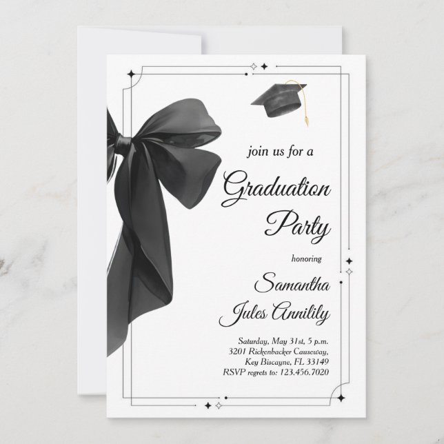Modern Trendy Black Bow Graduation Party  Invitation (Front)