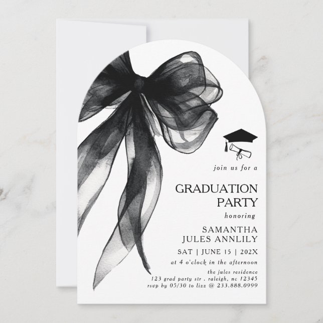 Modern Trendy Black Bow Graduation Party  Invitation (Front)