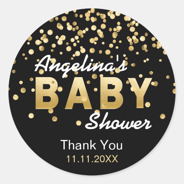 Modern Trendy Black Gold Confetti Baby Shower Classic Round Sticker (Front)