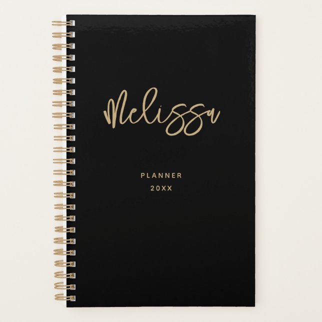 Modern Trendy Black Gold Script Chic Monogram Name Planner (Front)