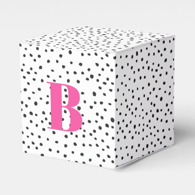 Modern Trendy Black Polka Dot Large Pink Initial Favour Box (Front Side)