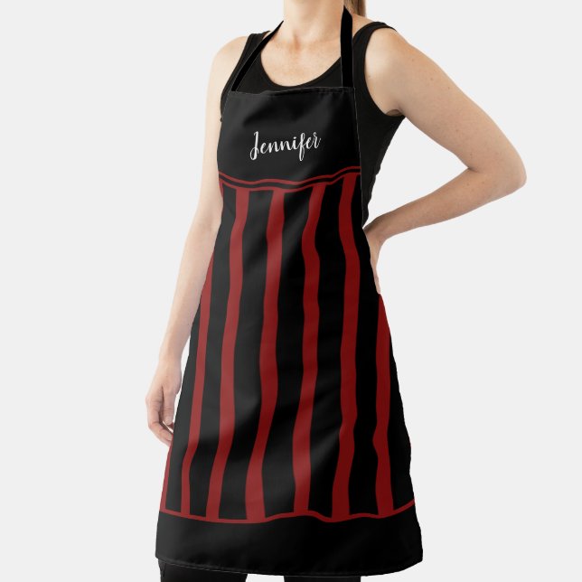 Modern trendy black rustic red stripes monogrammed apron (Insitu)