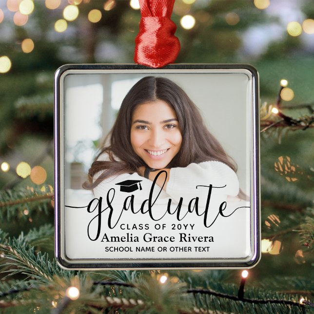 Modern Trendy Black Script Graduate Elegant Photo Metal Tree Decoration (Creator Uploaded)
