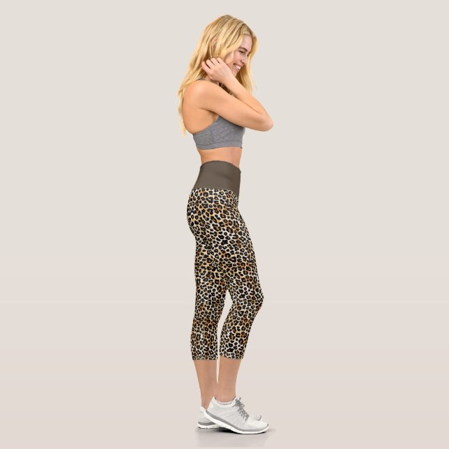 Modern Trendy Black Tan White Leopard Print Capri Leggings (Right)