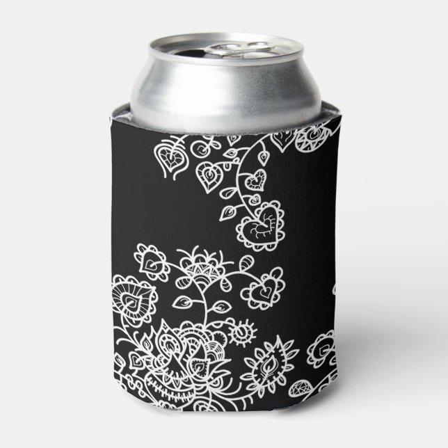 Modern Trendy Black & White Lace Pattern Can Cooler (Can Front)