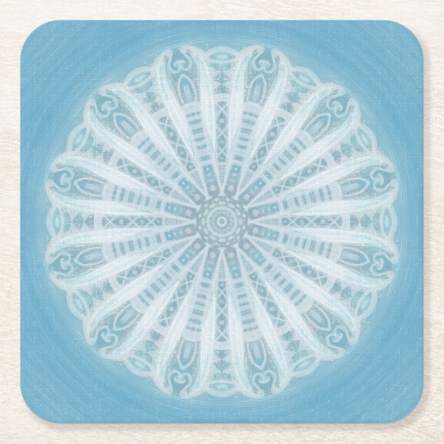 Modern trendy blue and turquoise boho design square paper coaster (Front)