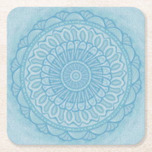 Modern trendy blue and turquoise boho design square paper coaster