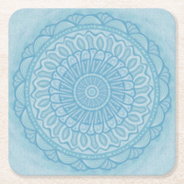 Modern trendy blue and turquoise boho design square paper coaster (Front)
