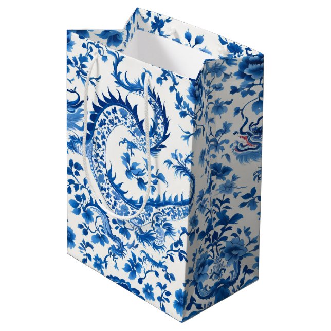 Modern trendy Blue and White chinoiserie dragon Medium Gift Bag (Back Angled)