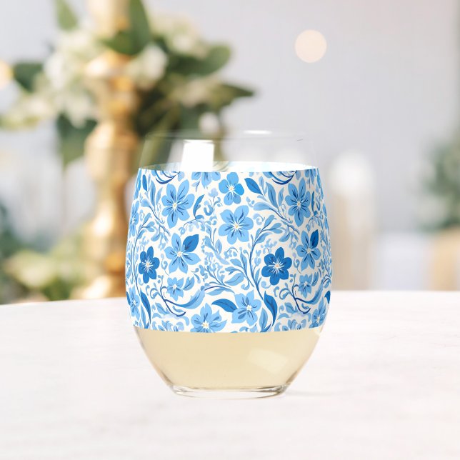 Modern trendy Blue and White Porcelain chinoiserie Stemless Wine Glass (Insitu (Wedding))