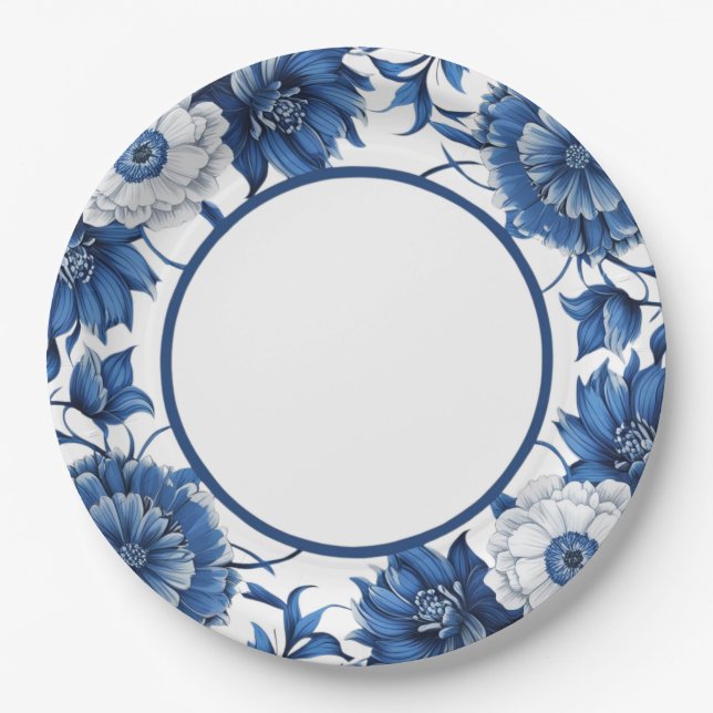 Modern trendy Blue and White Porcelain Paper Plate (Front)