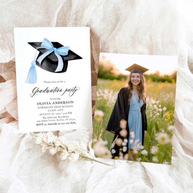 Modern Trendy Blue Bow Graduation Cap Graduation Invitation (Watercolor Modern Elegant Trendy Stylish Blue Bow Graduation Invitation)