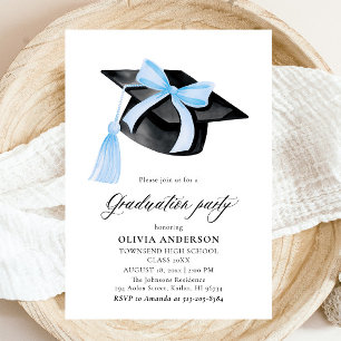 Modern Trendy Blue Bow Graduation Cap Graduation Invitation
