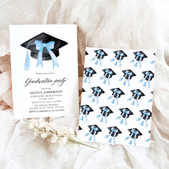 Modern Trendy Blue Bow Graduation Cap Graduation Invitation (Watercolor Modern Elegant Trendy Stylish Blue Bow Graduation Invitation)