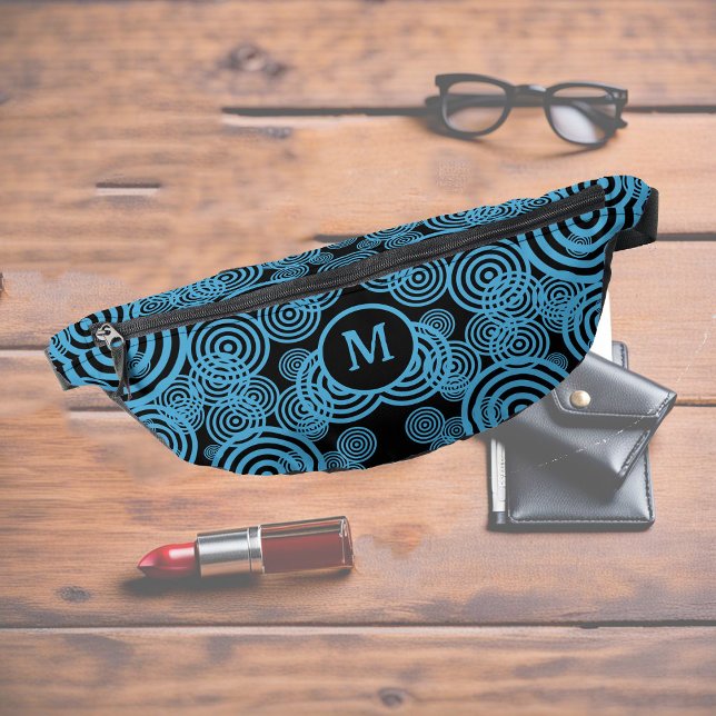 Modern, trendy blue circles on black monogram  bum bags (Creator Uploaded)