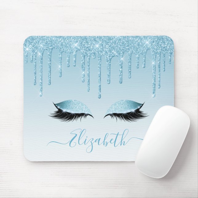 Modern Trendy Blue Glitter Lashes Stylish Script Mouse Mat (With Mouse)