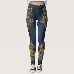 Modern Trendy Blue Gold Mandala Leggings