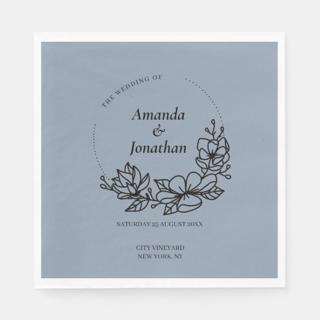 Modern Trendy Blue Leaf Wreath Wedding  Napkin (Front)