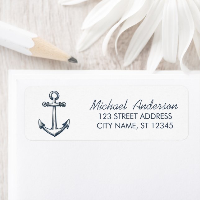 Modern Trendy  Blue Nautical Anchor Return Address (Insitu)