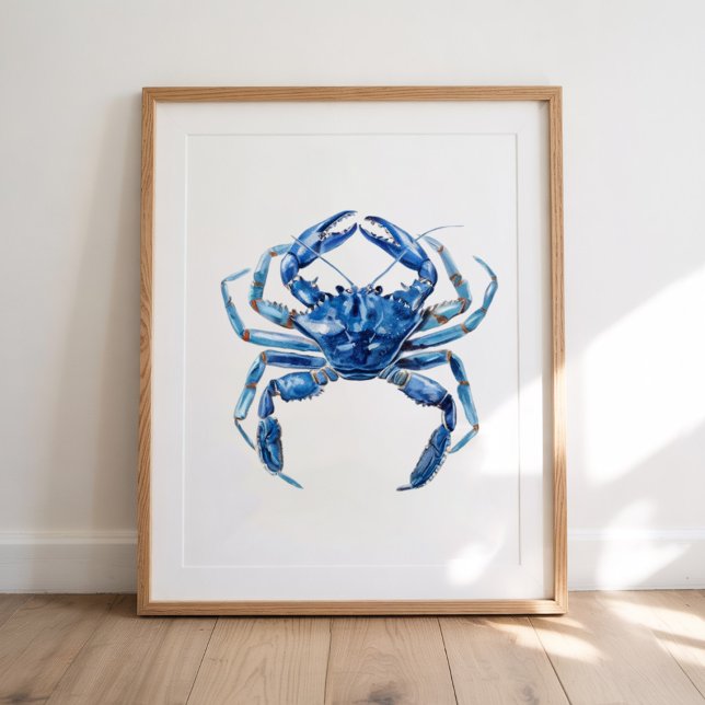 Modern Trendy Blue Watercolor Crab Summer Beach Poster (Creator Uploaded)