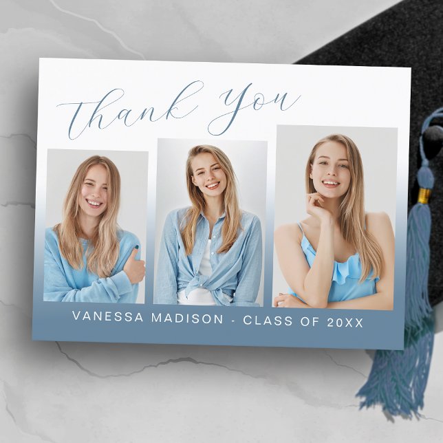 Modern Trendy Blue & White 3 Photo Grad Thank You Postcard (Creator Uploaded)