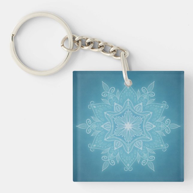Modern trendy blue white and turquoise boho design key ring (Front)