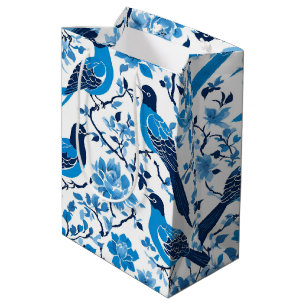 Modern trendy Blue White chinoiserie flower bird Medium Gift Bag