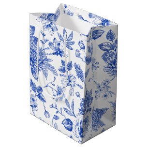 Modern trendy Blue White chinoiserie flower party Medium Gift Bag