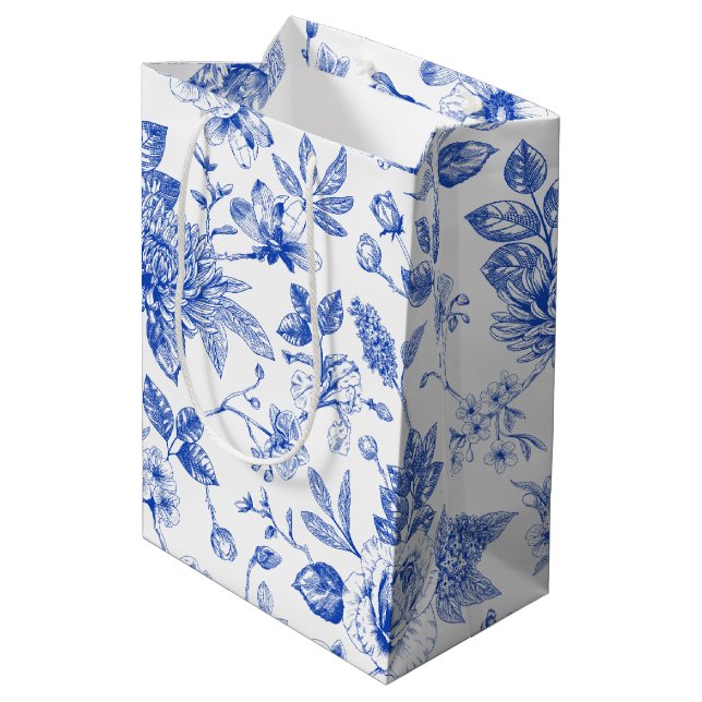 Modern trendy Blue White chinoiserie flower party Medium Gift Bag (Back Angled)