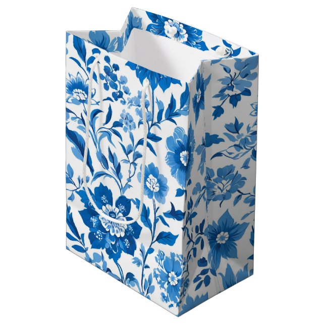 Modern trendy Blue White chinoiserie flower party Medium Gift Bag (Front Angled)