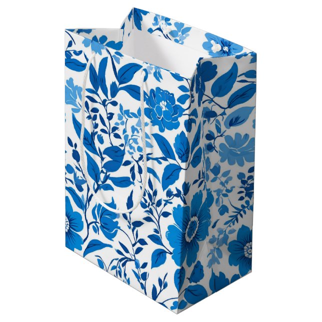 Modern trendy Blue White chinoiserie flower party Medium Gift Bag (Back Angled)