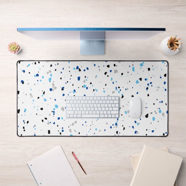 Modern Trendy Blue White Terrazzo Pattern Desk Mat (Office 1)