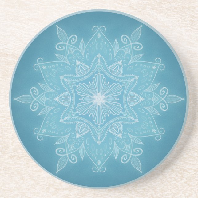Modern trendy blue white turquoise boho mandala coaster (Front)