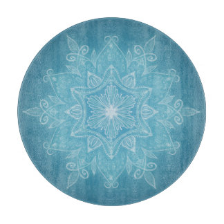 Modern trendy blue white turquoise boho mandala cutting board