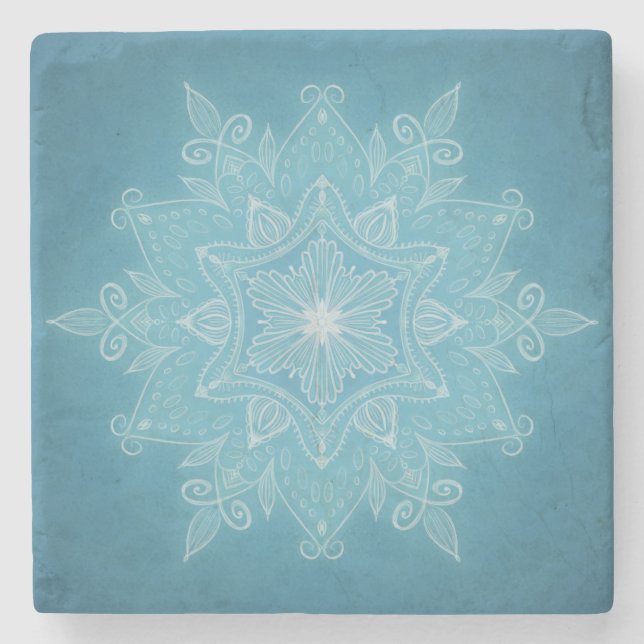 Modern trendy blue white turquoise boho mandala stone coaster (Front)