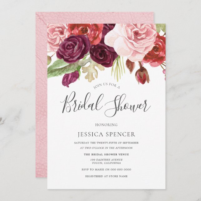 Modern Trendy Blush Floral Bridal Shower Invite (Front/Back)