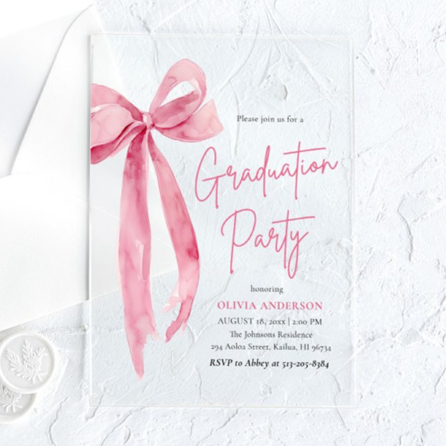 Modern Trendy Blush Pink Bow Graduation Party Acrylic Invitations (Modern Trendy Blush Pink Bow Graduation Party Acrylic Invitations)