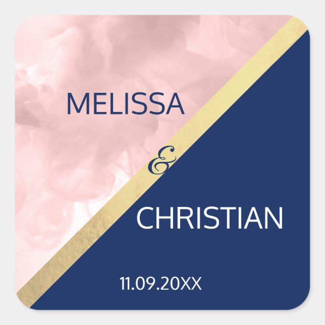 Modern Trendy Blush Pink Navy Blue Gold Wedding Square Sticker (Front)