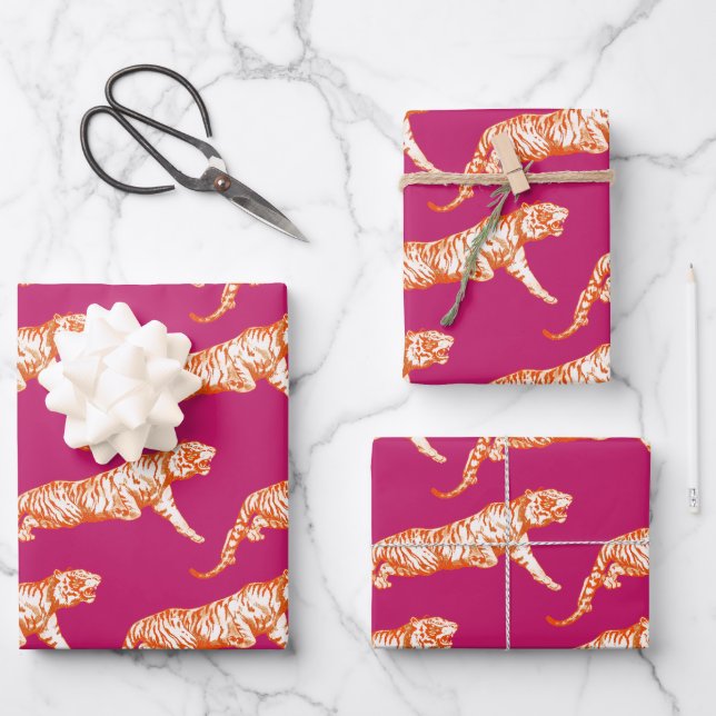 Modern Trendy Bright Orange Tiger Hot Pink  Wrapping Paper Sheet (Front)