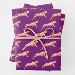 Modern Trendy Bright Orange Tiger on Purple Wrapping Paper Sheet