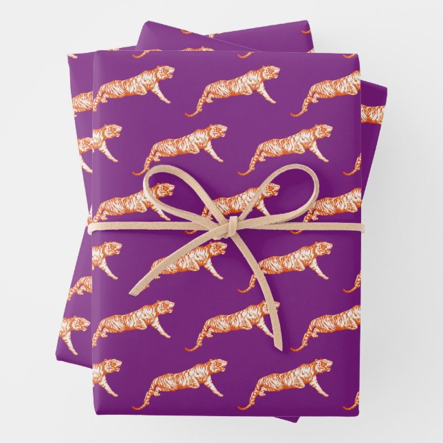 Modern Trendy Bright Orange Tiger on Purple Wrapping Paper Sheet (In situ)